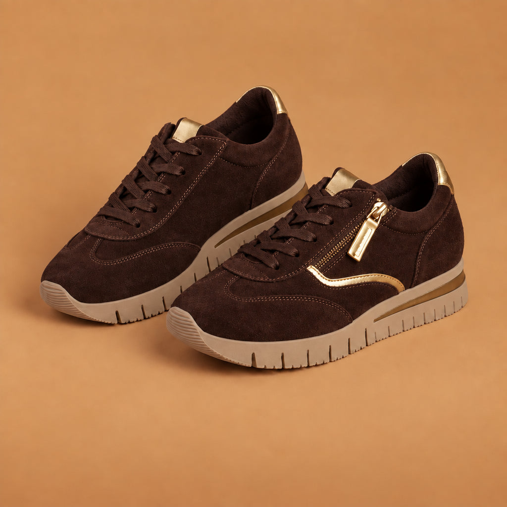 Sneakers donna Soffice Sogno Vernissage marrone cacao in camoscio con zip laterale e suola flessibile miele