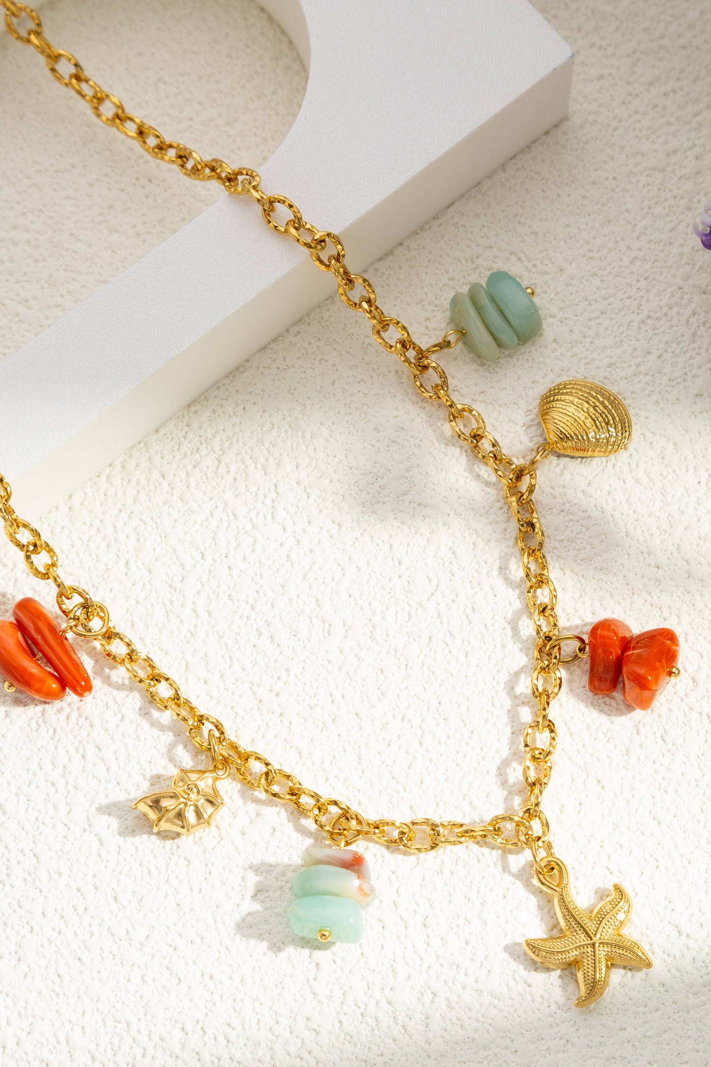 Collana Charms Marino Dorato Acciaio Inossidabile Perle Turchesi