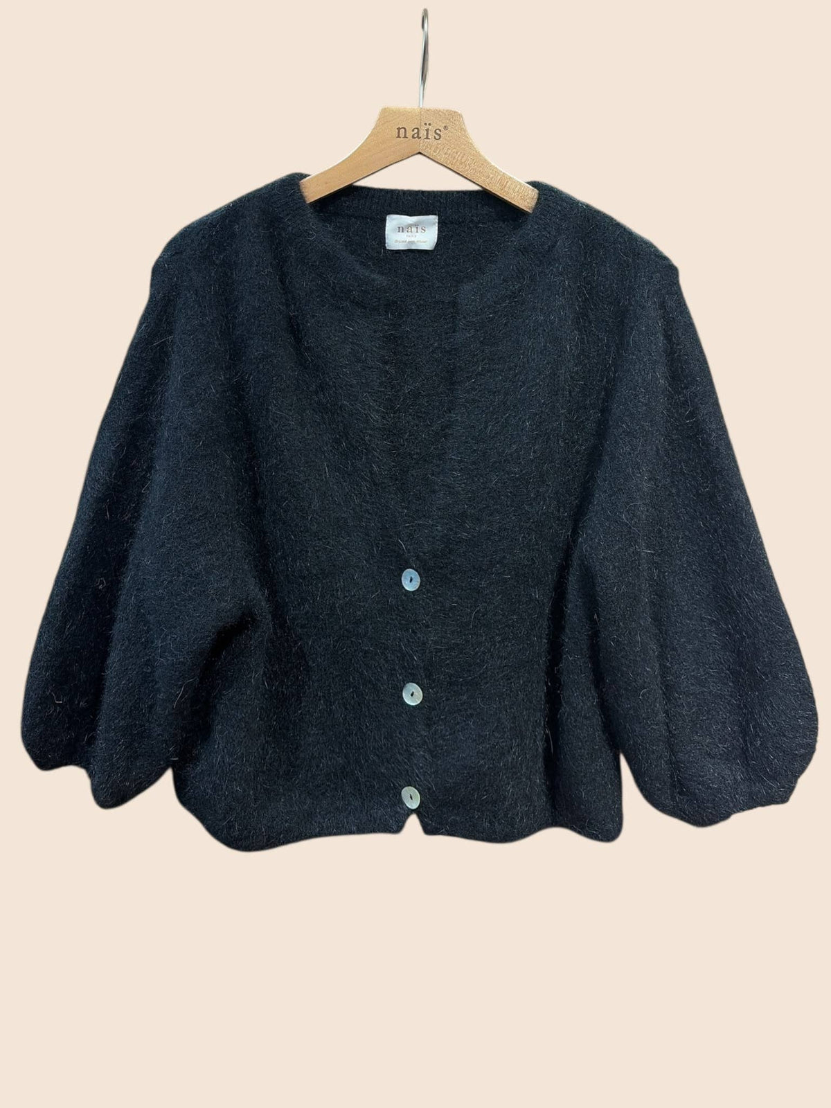 Cardigan abbottonato, maniche 3/4, in 30% angora: Bleu marine / Taille unique
