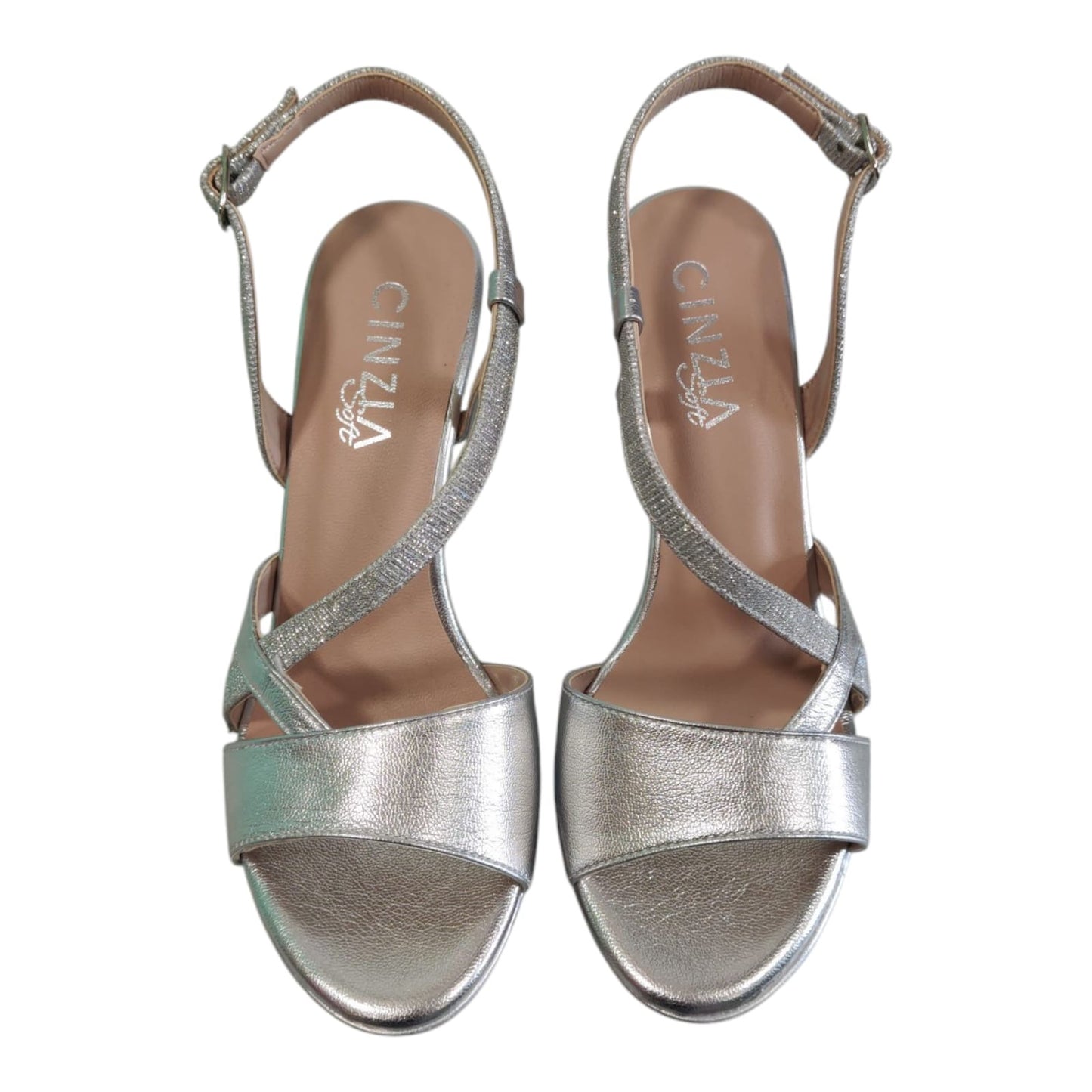 Sandalo argento in pelle laminata con tacco e plateau