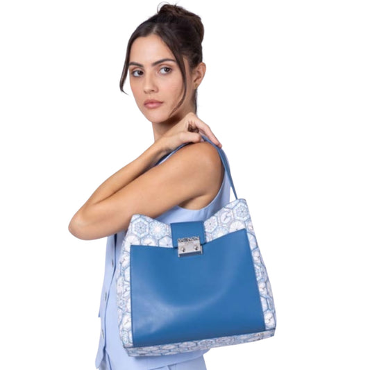 Borsa Gattinoni in pelle blu avio con stampa