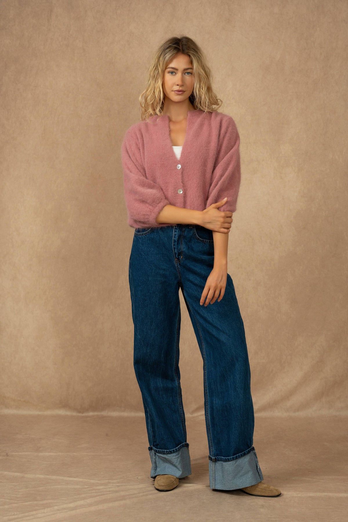 Cardigan abbottonato, maniche 3/4, in 30% angora: Bleu marine / Taille unique