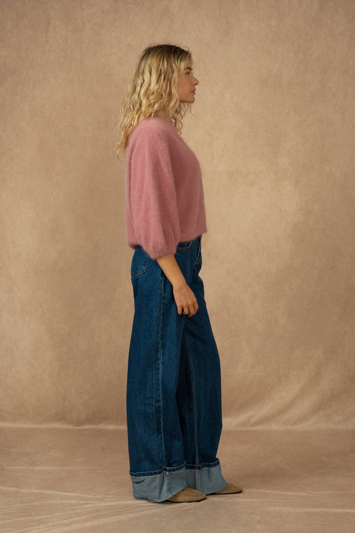 Cardigan abbottonato, maniche 3/4, in 30% angora: Bleu marine / Taille unique