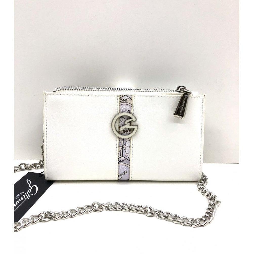 Portafoglio Gattinoni in pelle bianca con inserto stampa e catena