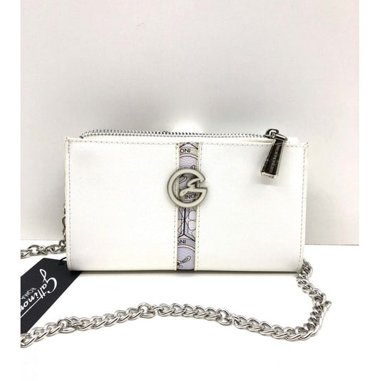 Portafoglio Gattinoni in pelle bianca con inserto stampa e catena