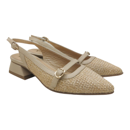 SLINGBACK SABBIA IN PELLE E RAFIA CON CINTURINO