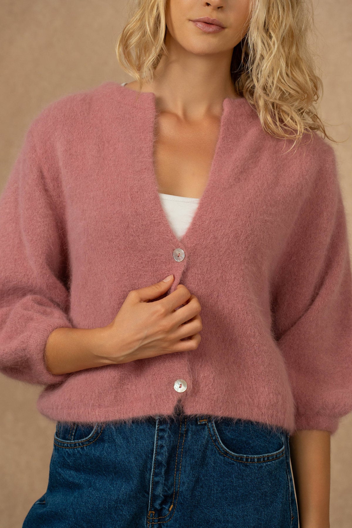 Cardigan abbottonato, maniche 3/4, in 30% angora: Bleu marine / Taille unique