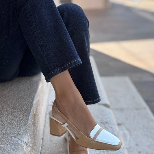 Sling back con tacco in pelle bicolor