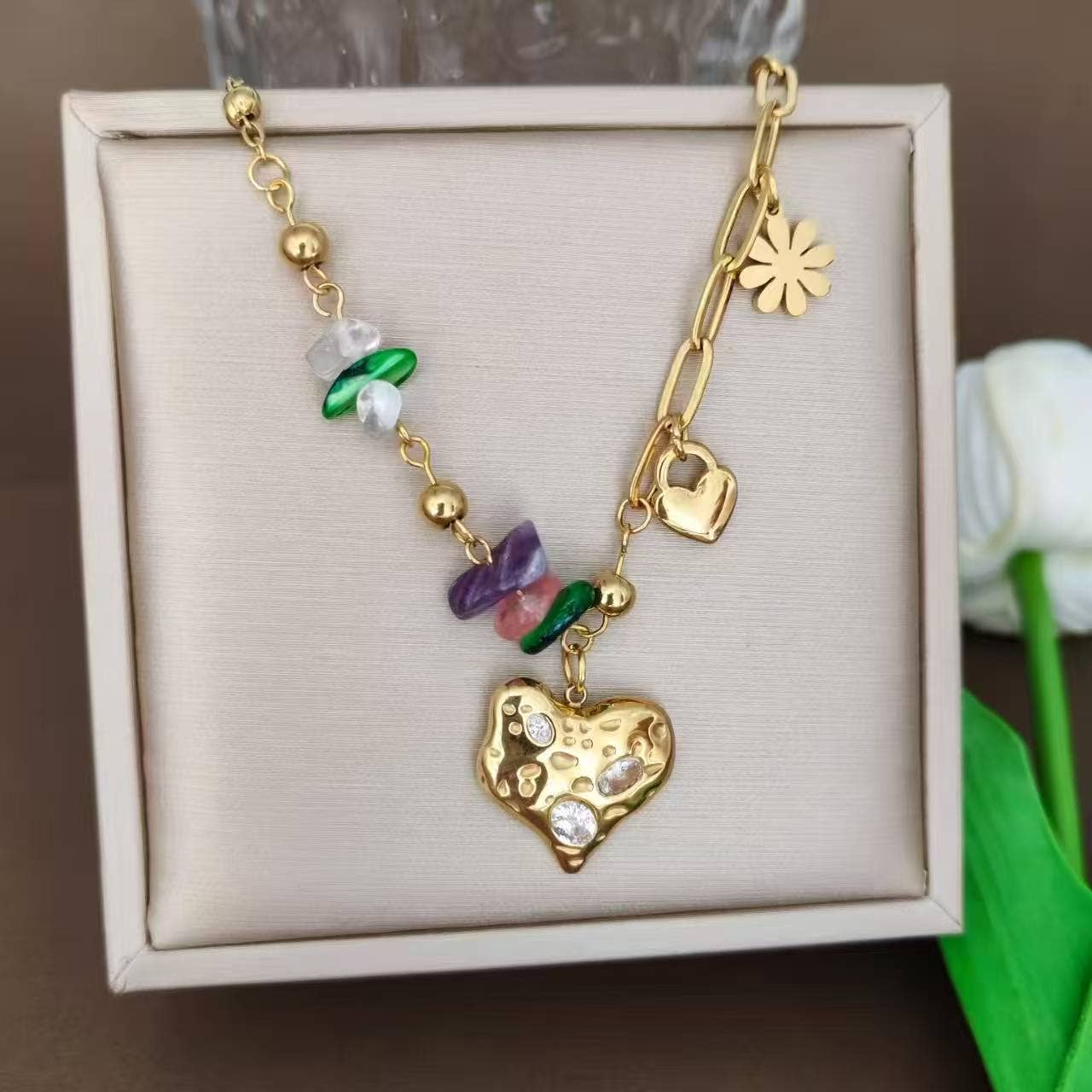 Collana Perla Colorata Pendente Cuore Incastonato Acciaio Inossidabile