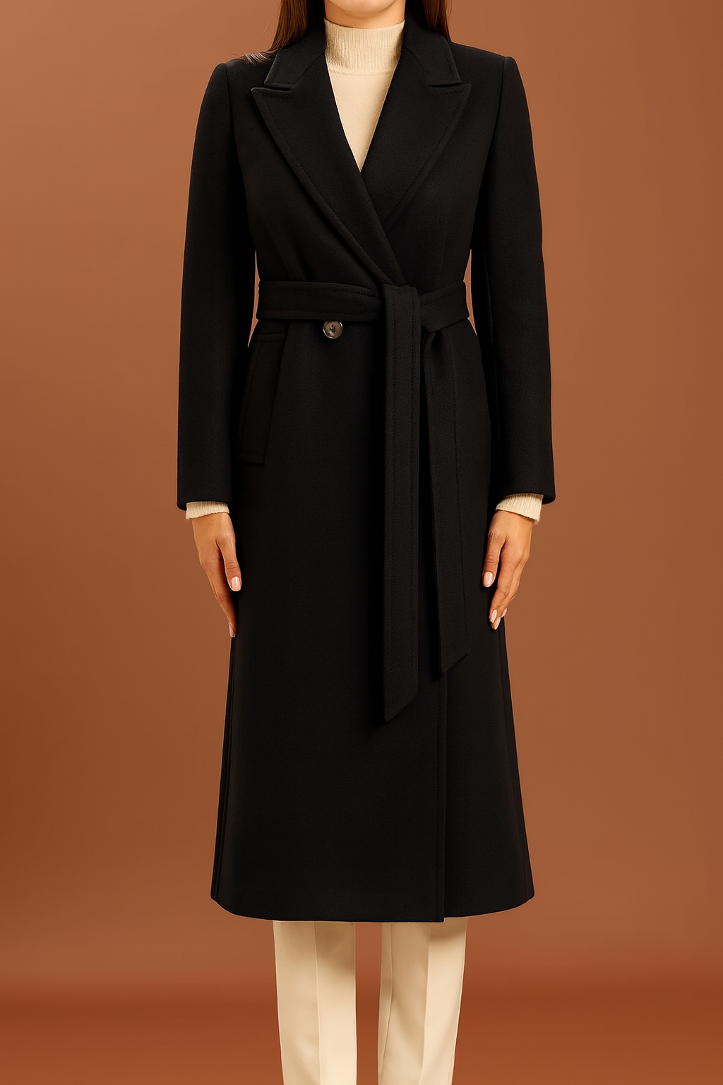 Cappotto lungo con cinta - nero