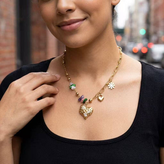 Collana Perla Colorata Pendente Cuore Incastonato Acciaio Inossidabile