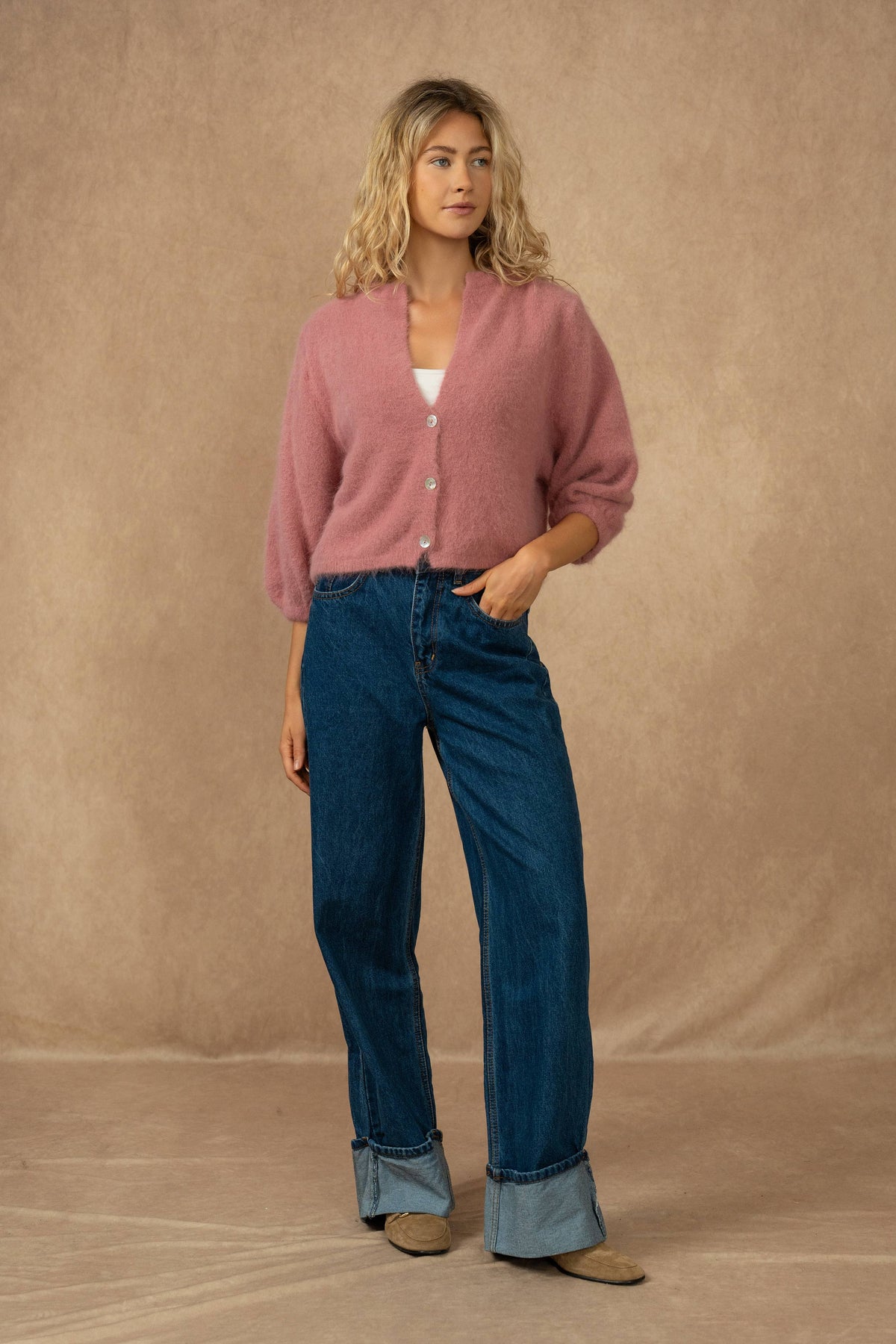 Cardigan abbottonato, maniche 3/4, in 30% angora: Bleu marine / Taille unique