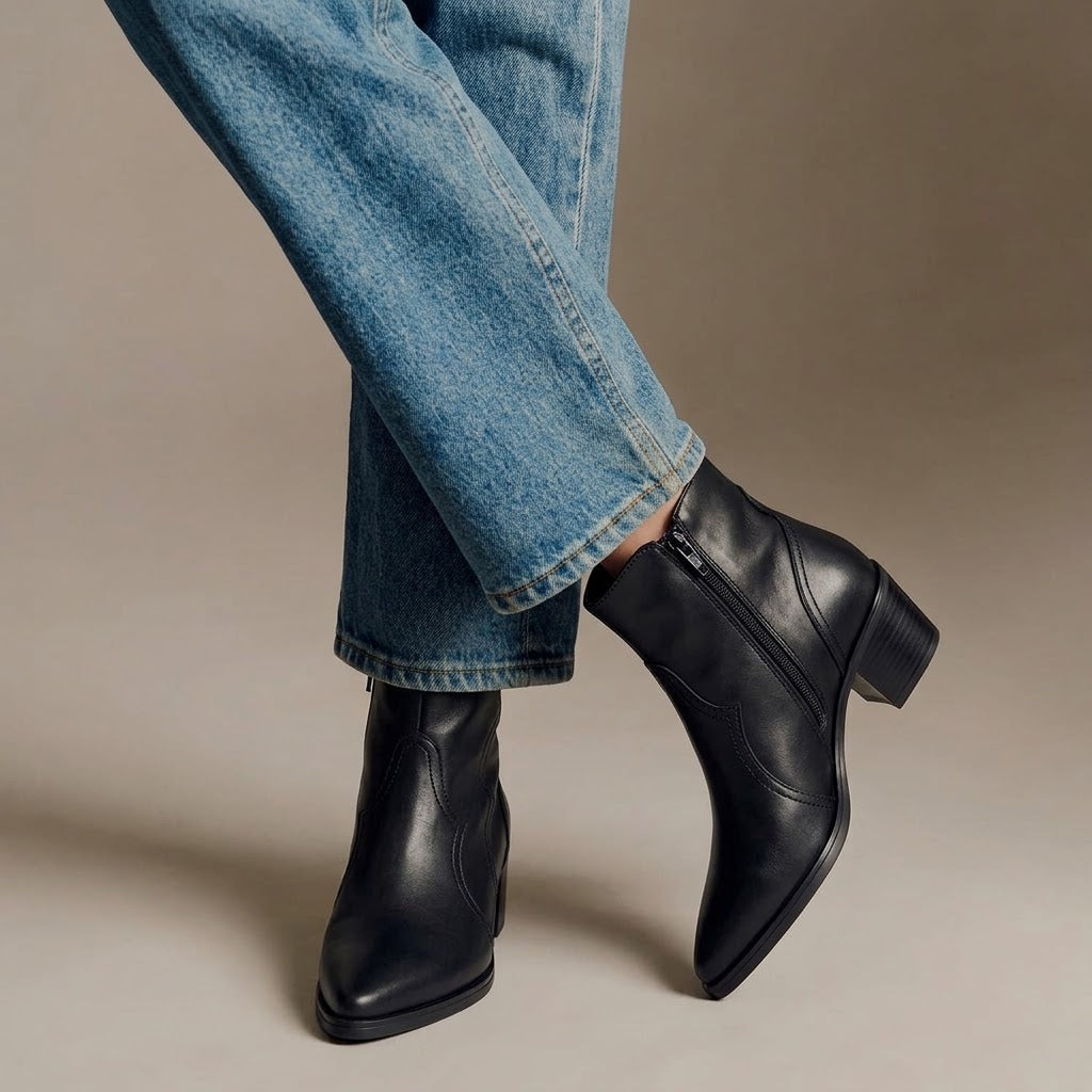 Stivaletti tronchetti da donna Soffice Sogno in pelle nera con punta affusolata, cuciture texane e tacco medio, modello camperos.