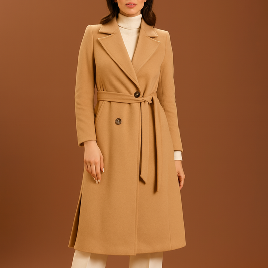 Cappotto lungo con cinta - cammello