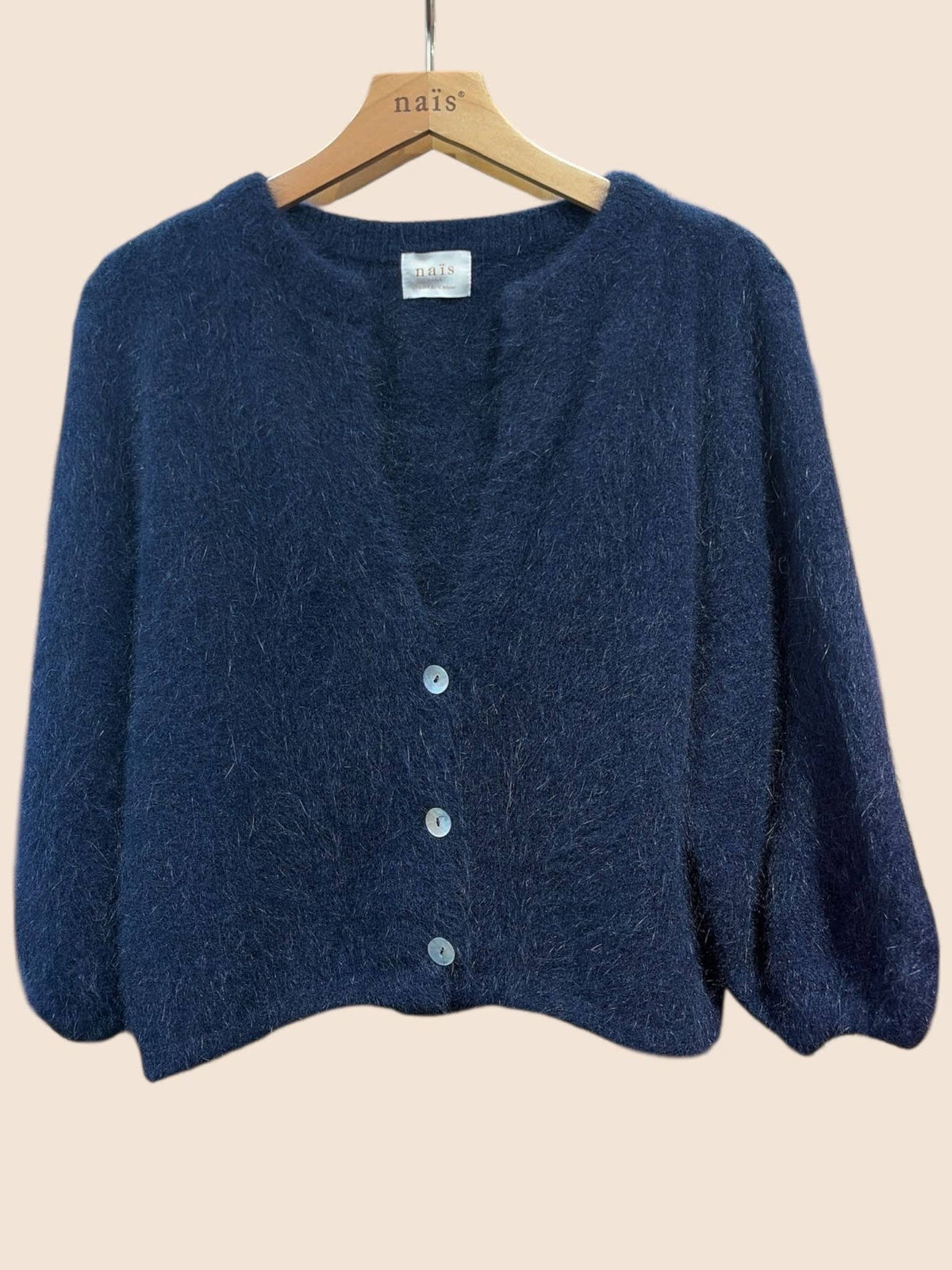 Cardigan abbottonato, maniche 3/4, in 30% angora: Bleu marine / Taille unique