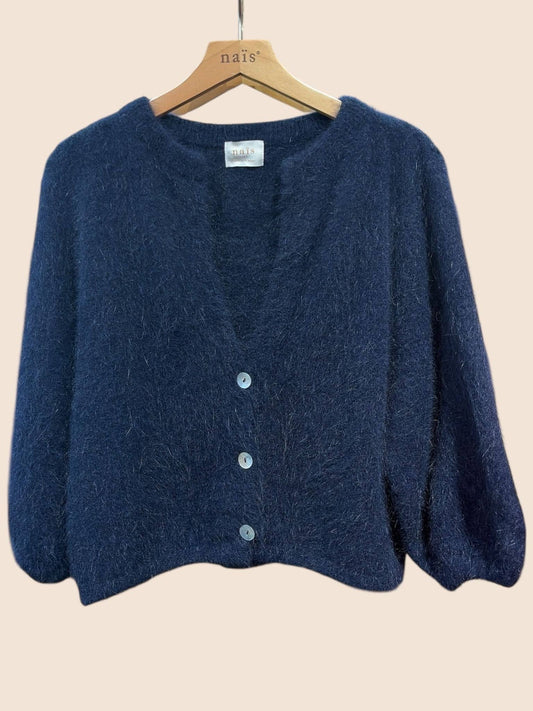 Cardigan abbottonato, maniche 3/4, in 30% angora: Bleu marine / Taille unique