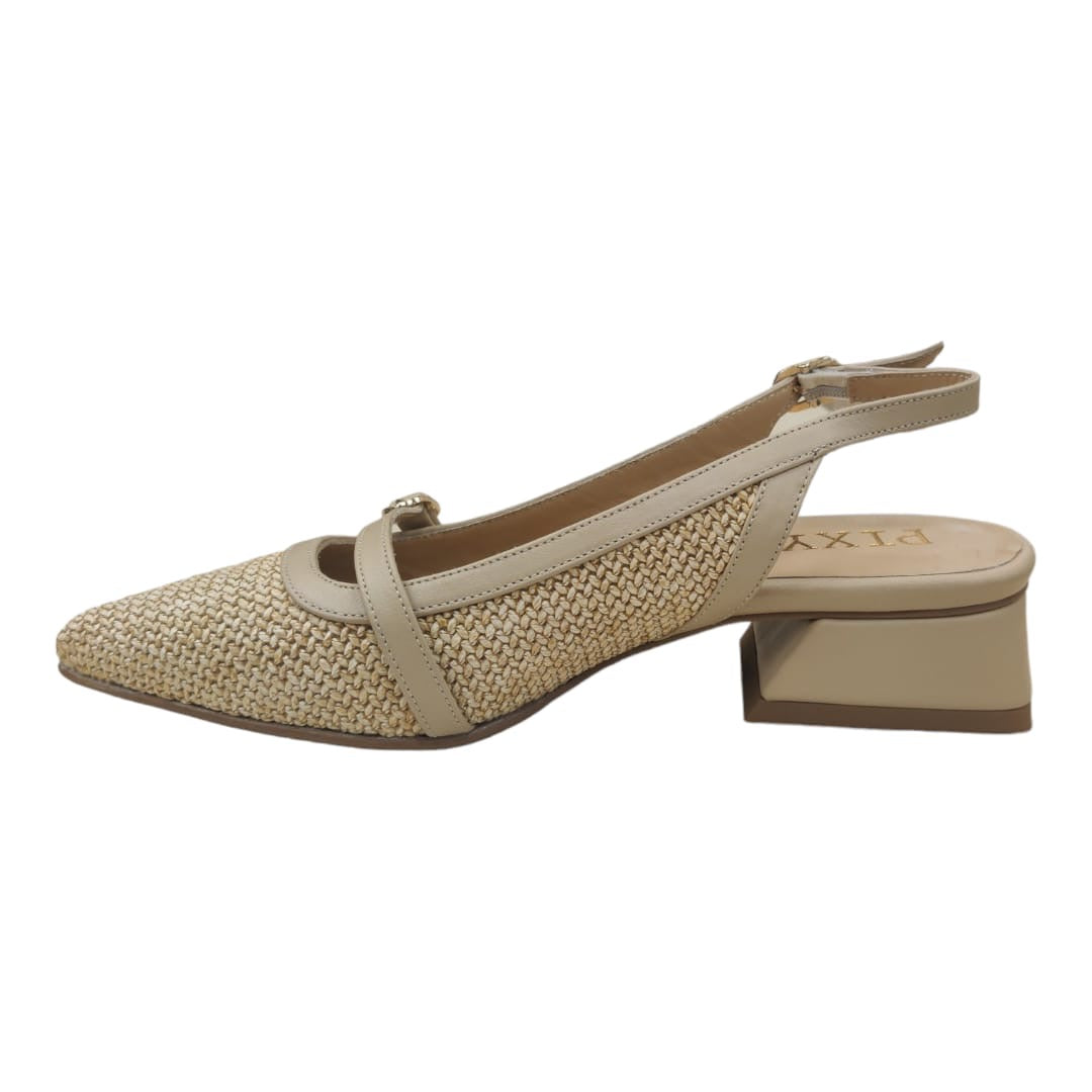 SLINGBACK SABBIA IN PELLE E RAFIA CON CINTURINO