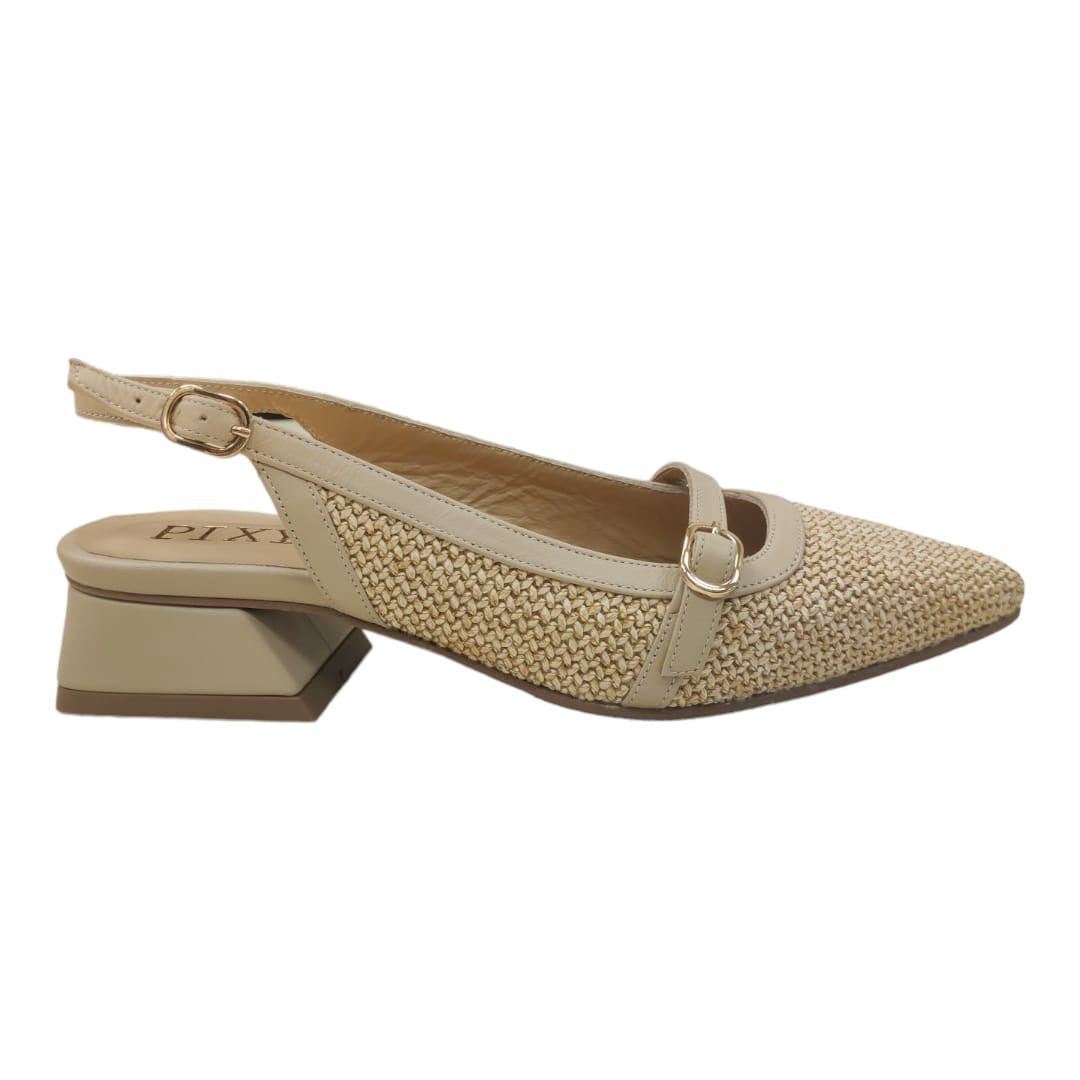 SLINGBACK SABBIA IN PELLE E RAFIA CON CINTURINO