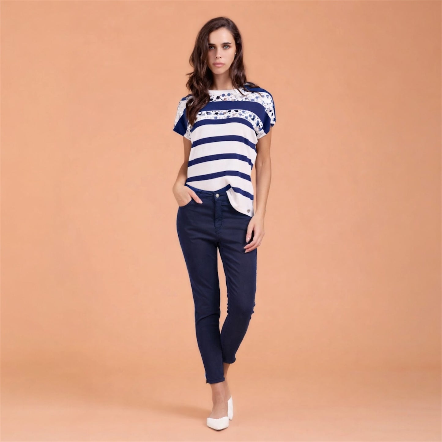 T-shirt righe e paillettes - Blu