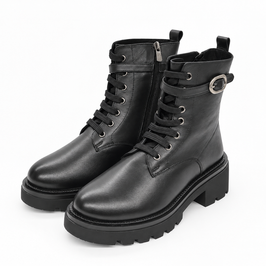 Anfibi donna Farah neri in pelle con lacci, fibbia sulla caviglia, zip interna e suola carrarmato chunky