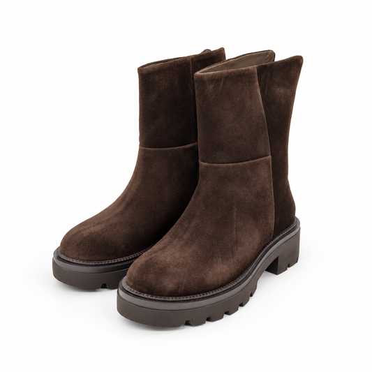 stivaletti donna, Dafne,  marrone, testa di moro, camoscio, gambale medio, senza zip, slip on, suola chunky, carrarmato, suola lug, nuova collezione