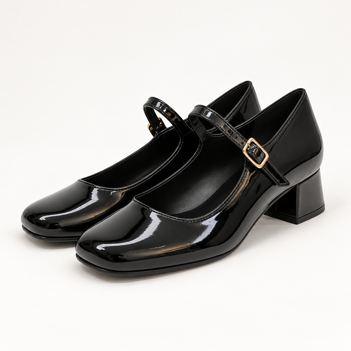 Scarpe Mary Jane artigianali donna in vernice nera con tacco basso 3 cm