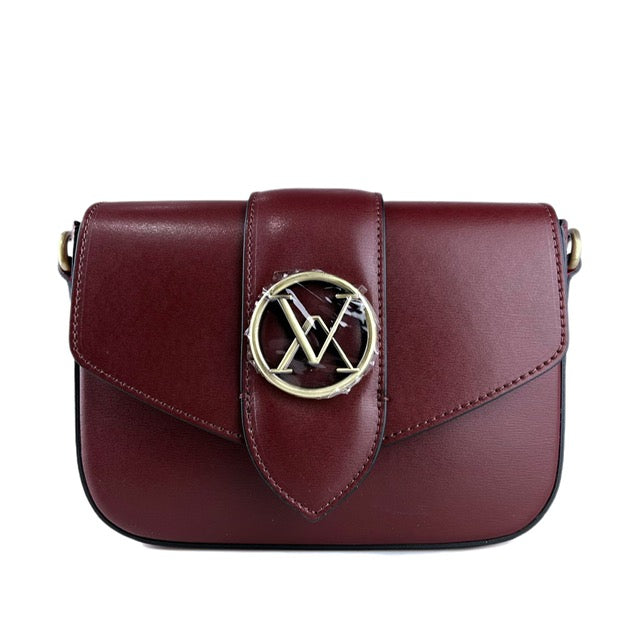 Borsa in pelle a tracolla rigida con accessorio color bordeaux