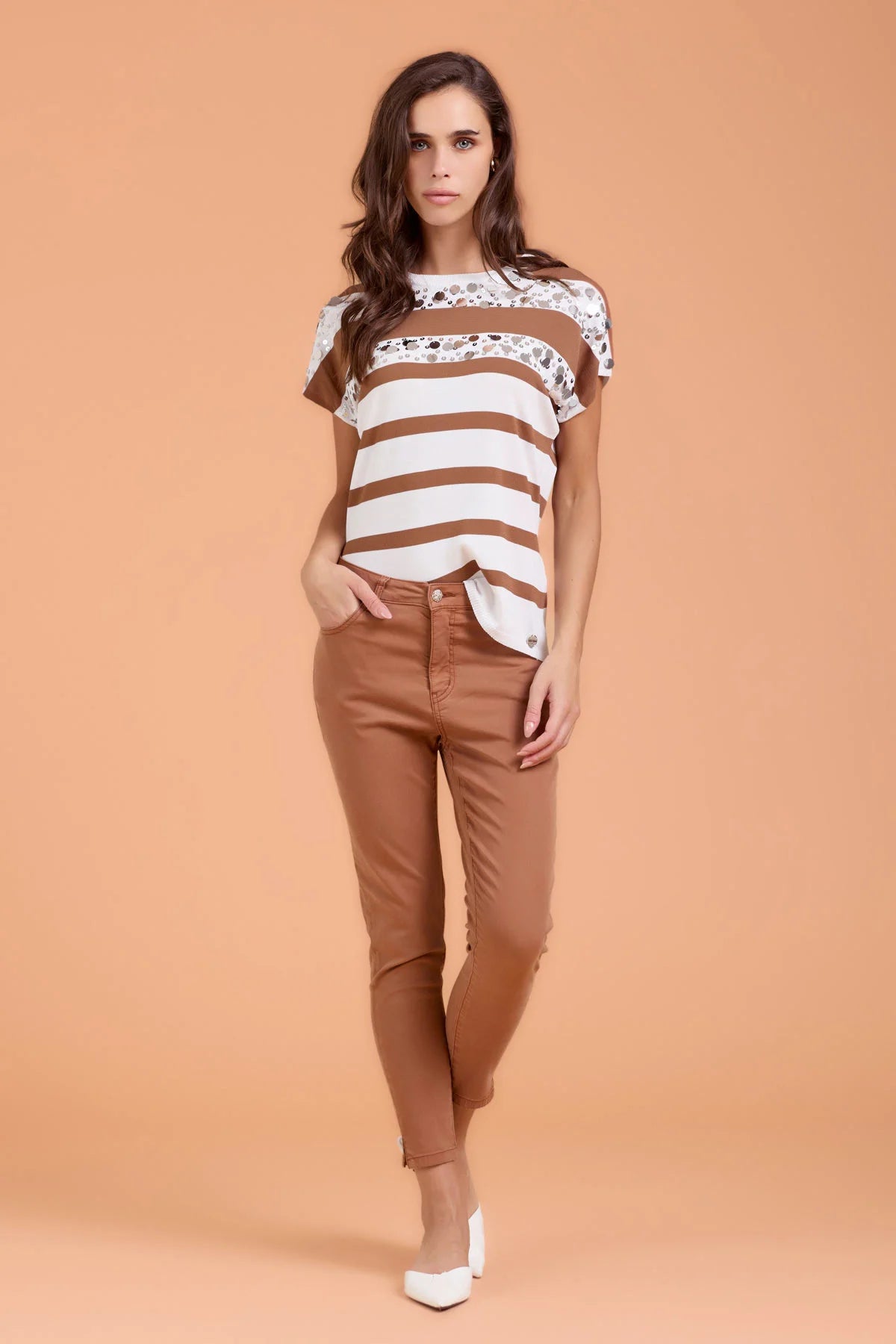 T-shirt righe e paillettes - Mocha