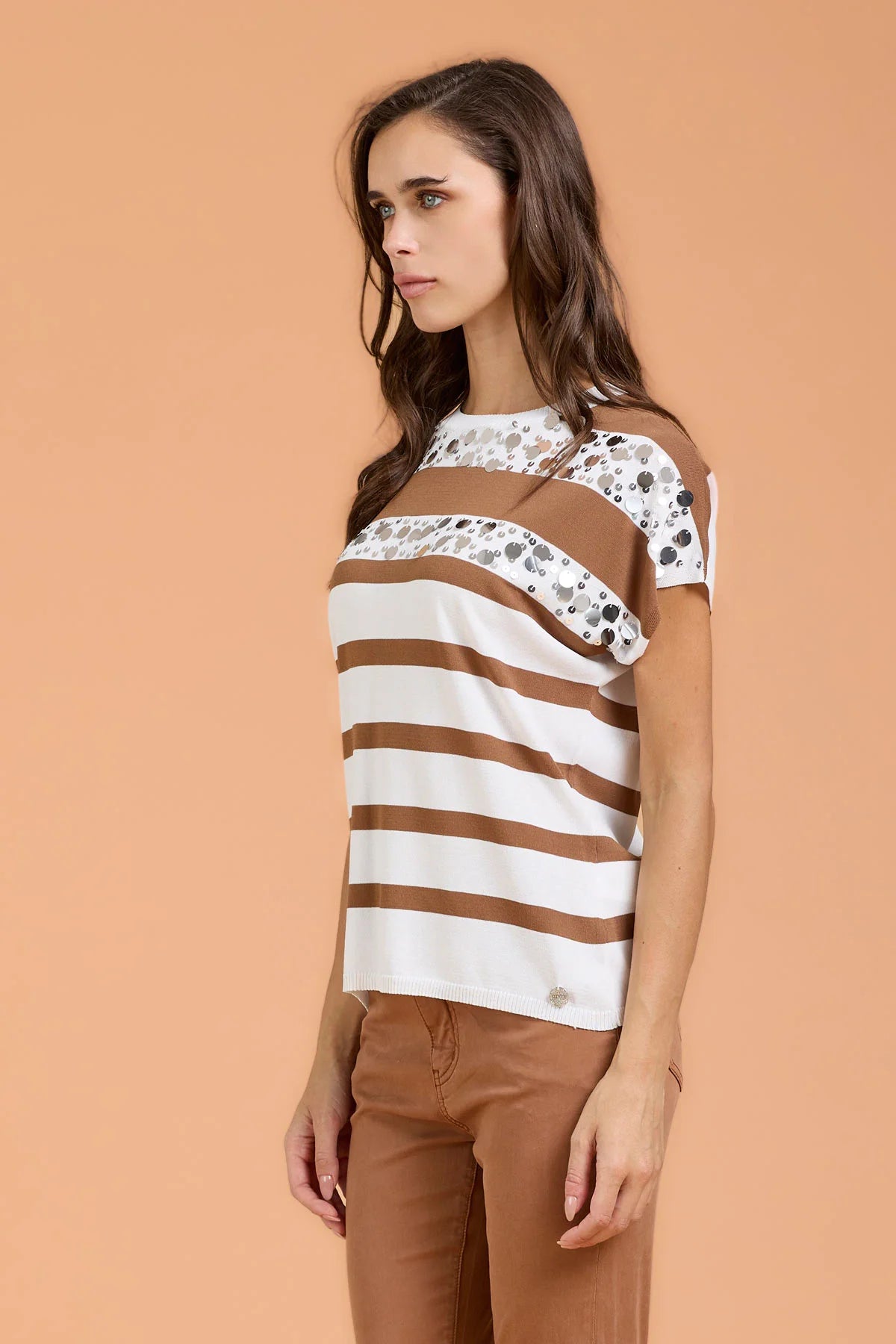 T-shirt righe e paillettes - Mocha