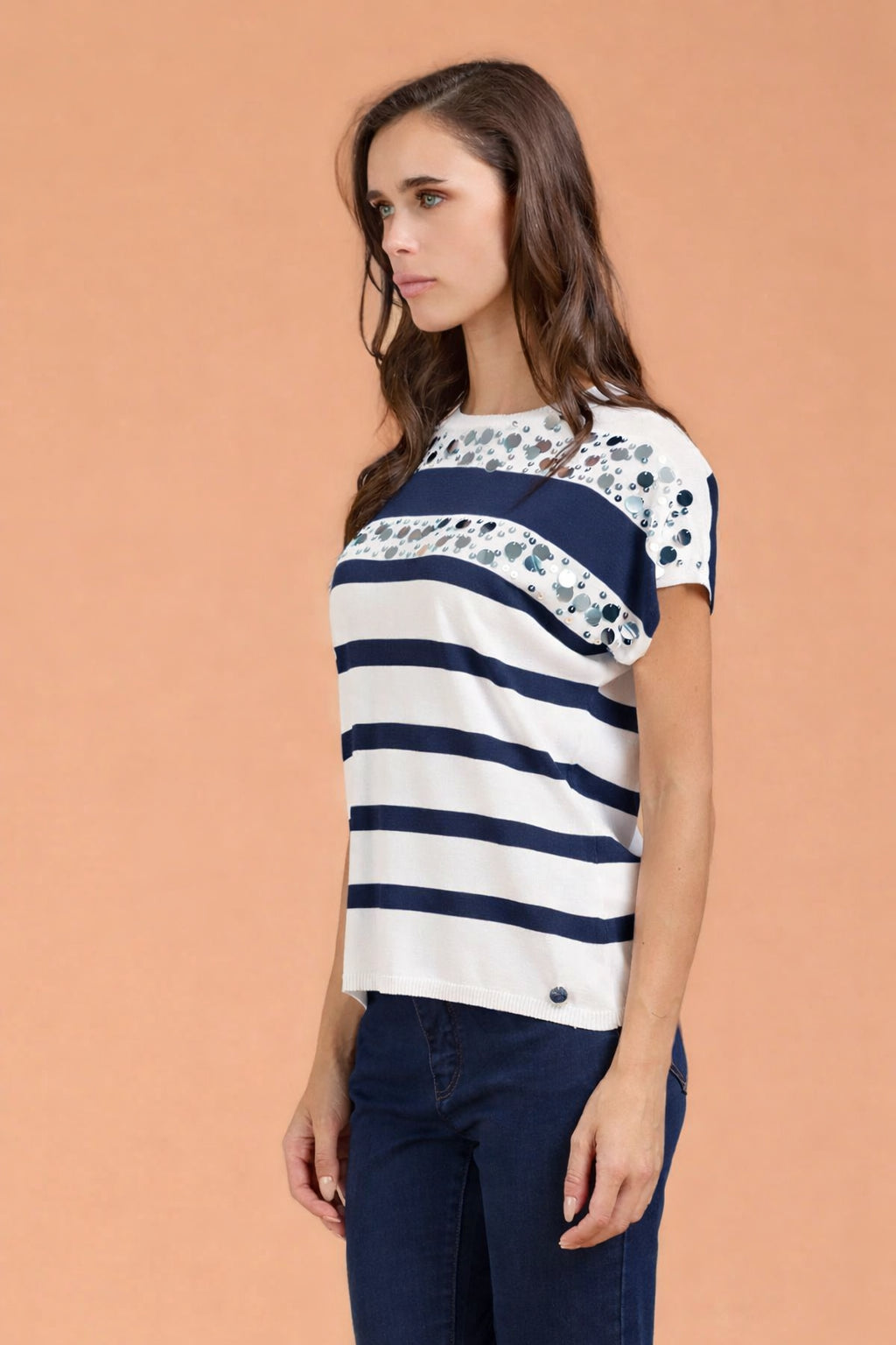 T-shirt righe e paillettes - Blu