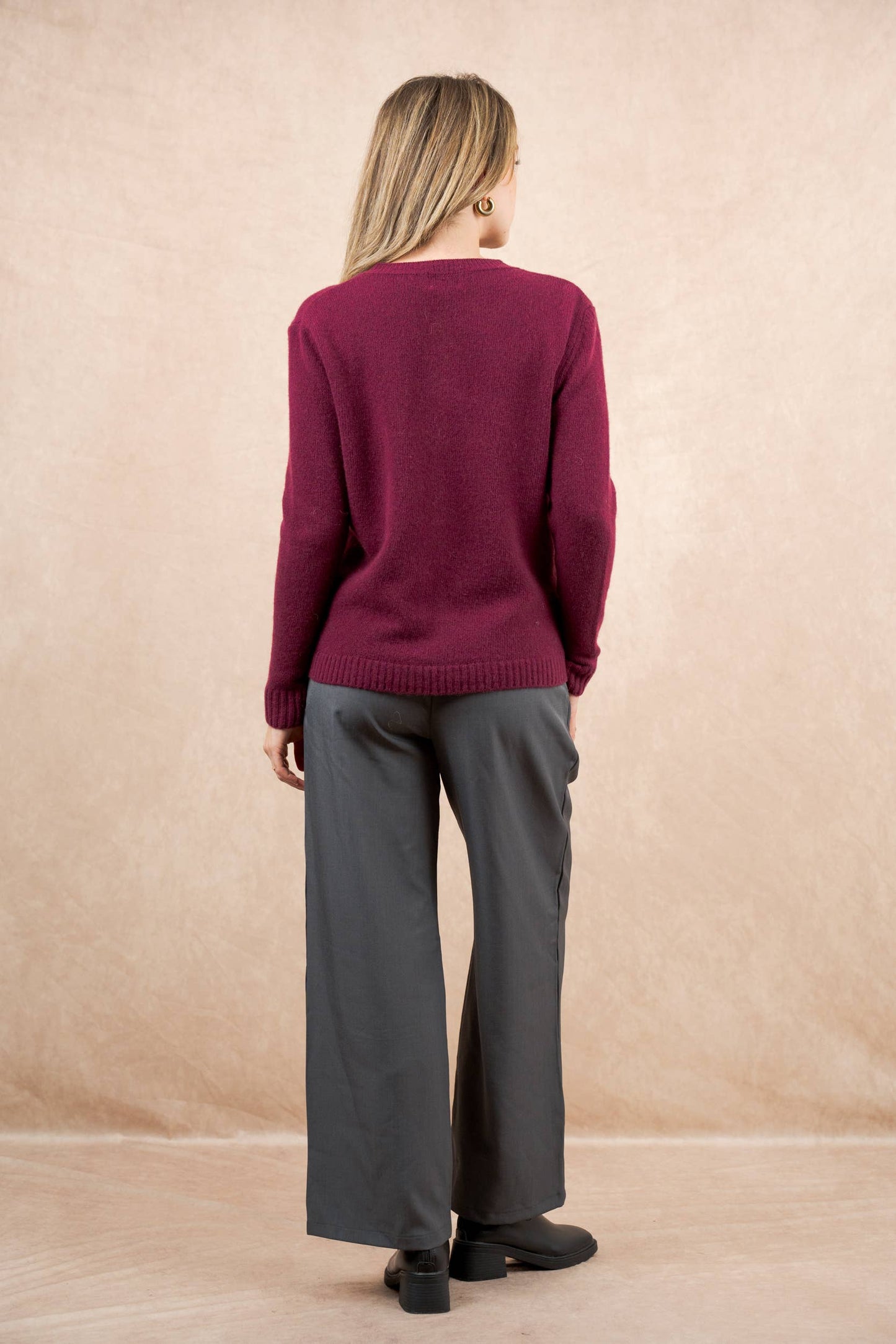 Cardigan girocollo con bottoni 100% lana merino extrafine: Bleu marine / Taglia unica