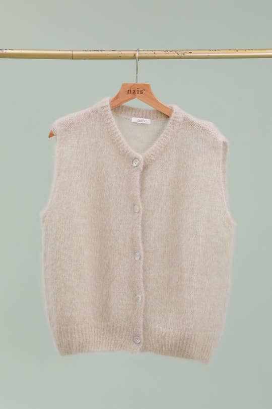 Gilet senza maniche con bottoni e collo tondo in 80% mohair kid