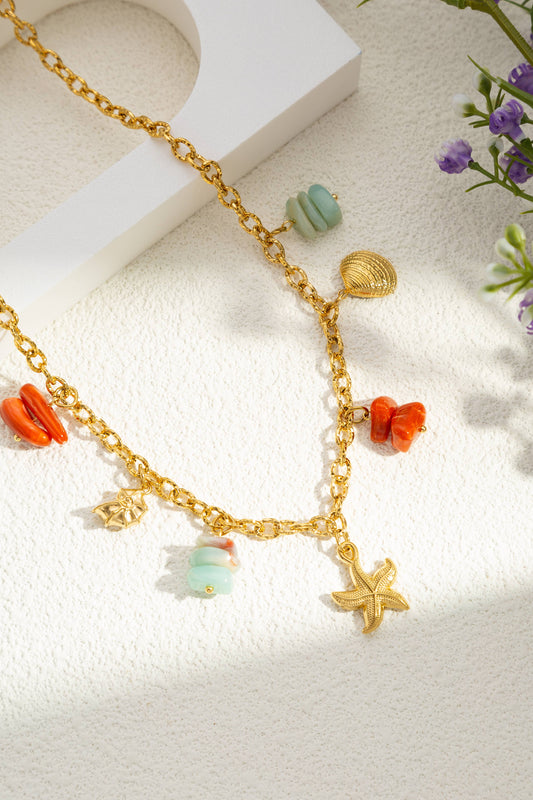 Collana Charms Marino Dorato Acciaio Inossidabile Perle Turchesi