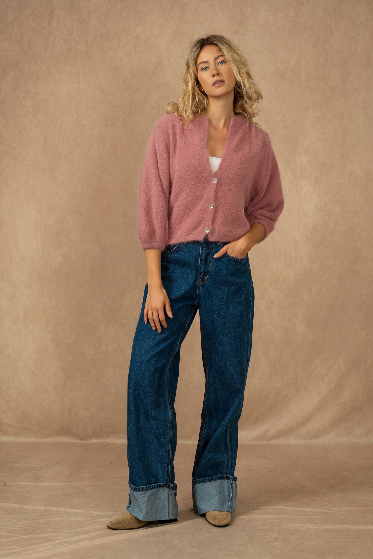 Cardigan abbottonato, maniche 3/4, in 30% angora: Bleu marine / Taille unique