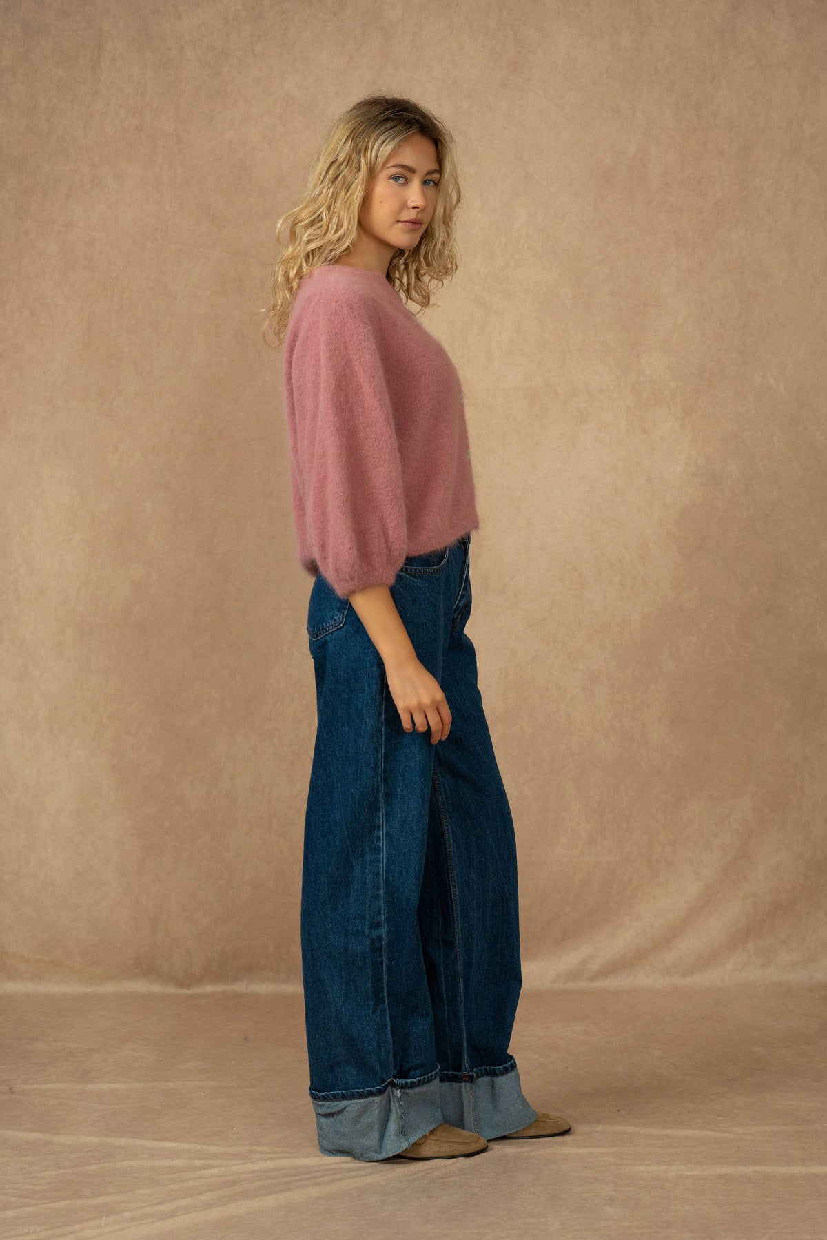 Cardigan abbottonato, maniche 3/4, in 30% angora: Bleu marine / Taille unique