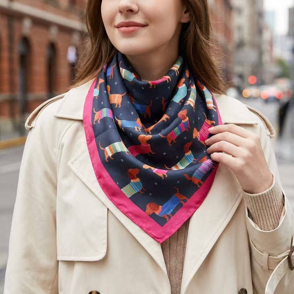 Foulard quadrato 70 x 70 in poliestere effetto seta con motivo di cagnolino.