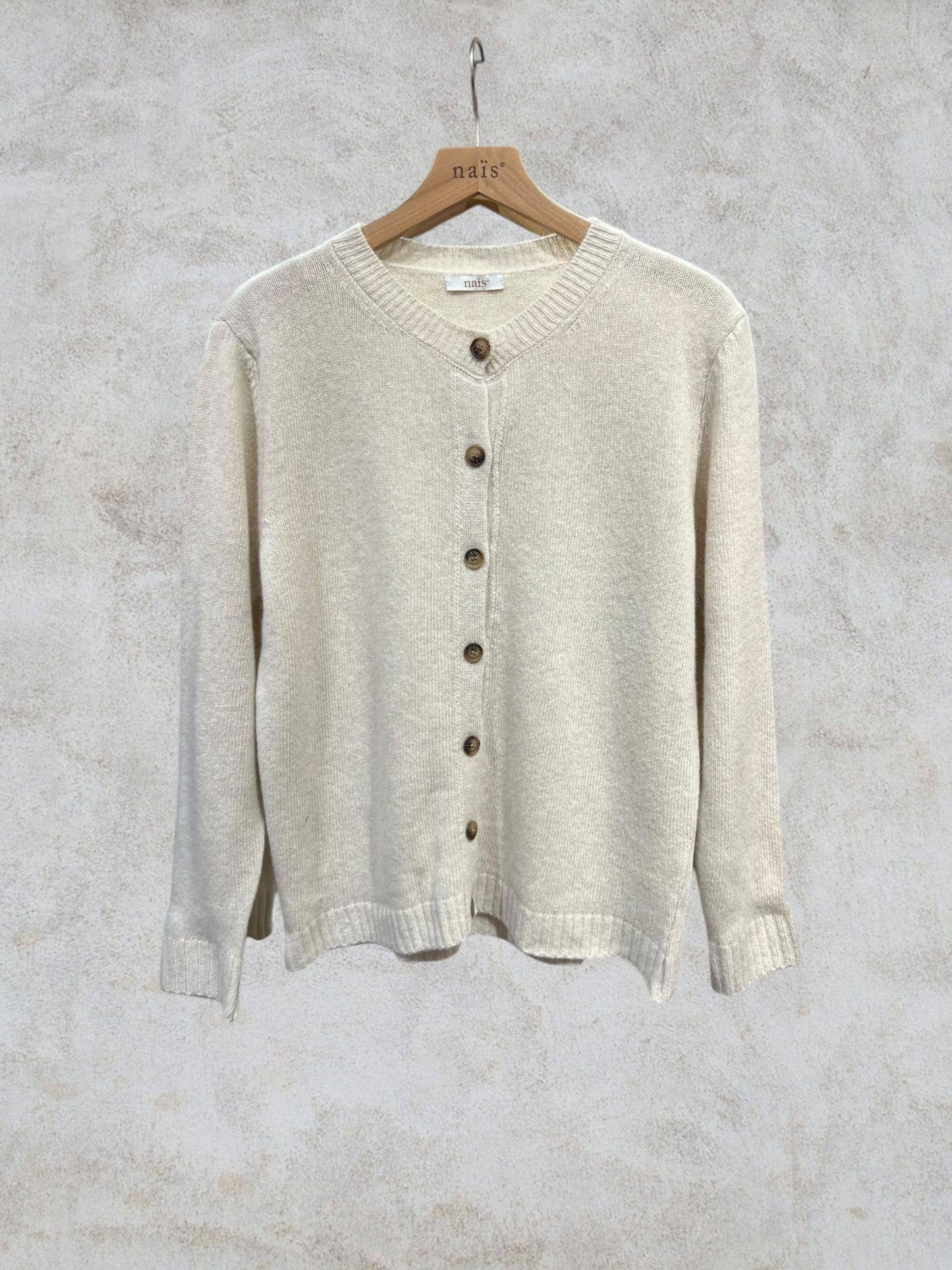 Cardigan girocollo con bottoni 100% lana merino extrafine: Bleu marine / Taglia unica