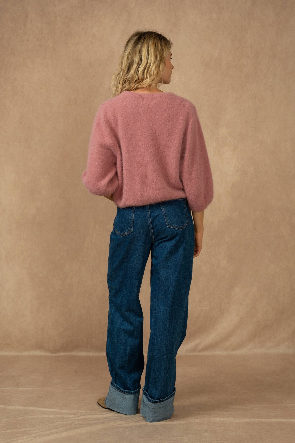Cardigan abbottonato, maniche 3/4, in 30% angora: Bleu marine / Taille unique