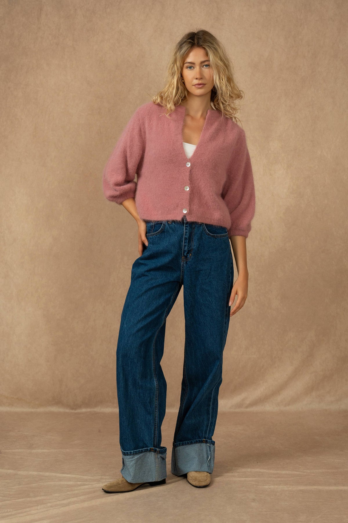 Cardigan abbottonato, maniche 3/4, in 30% angora: Bleu marine / Taille unique