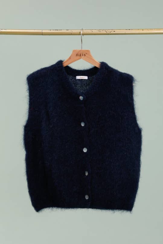 Gilet senza maniche con bottoni e collo tondo in 80% mohair kid
