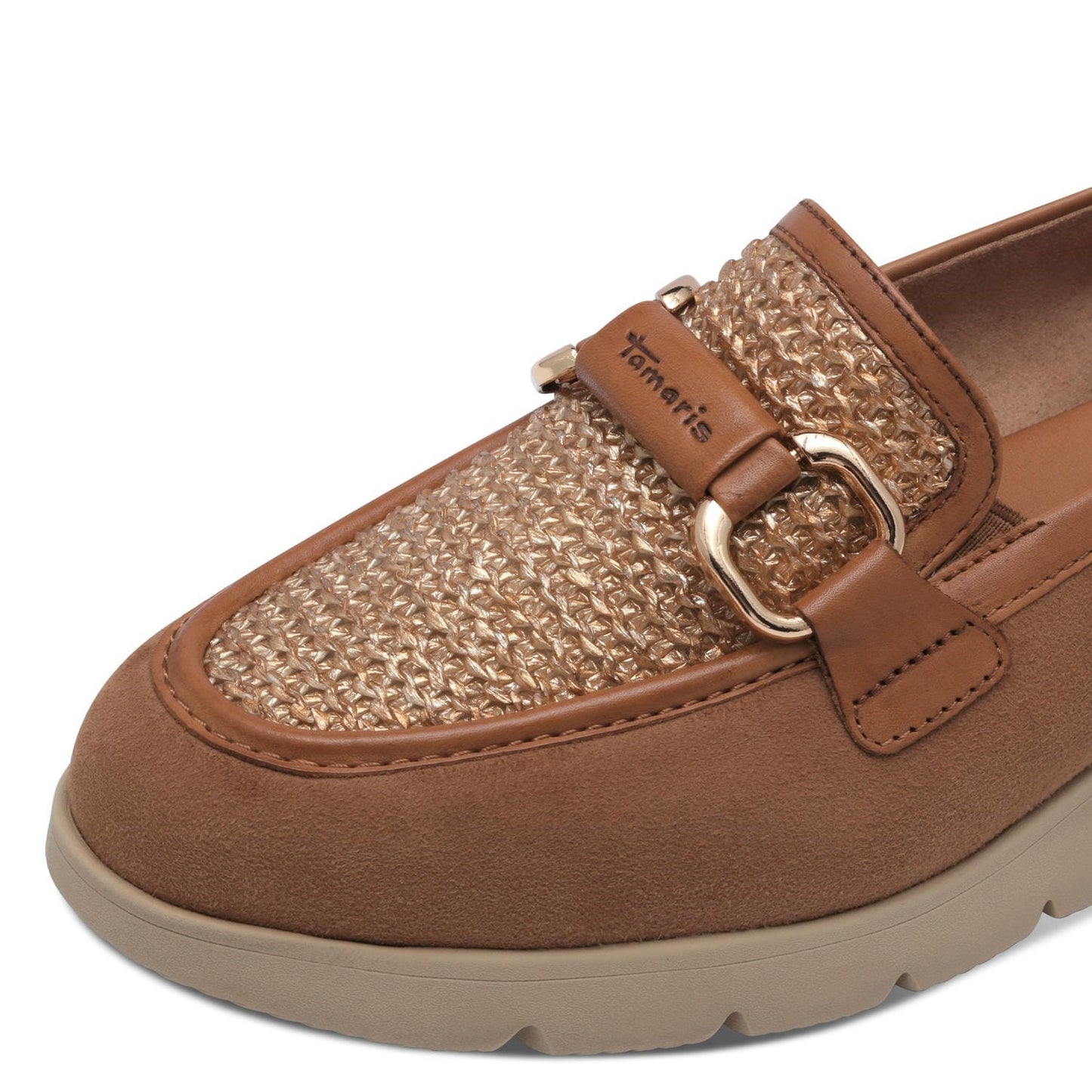 Mocassino in pelle di camoscio e rafia con accessorio