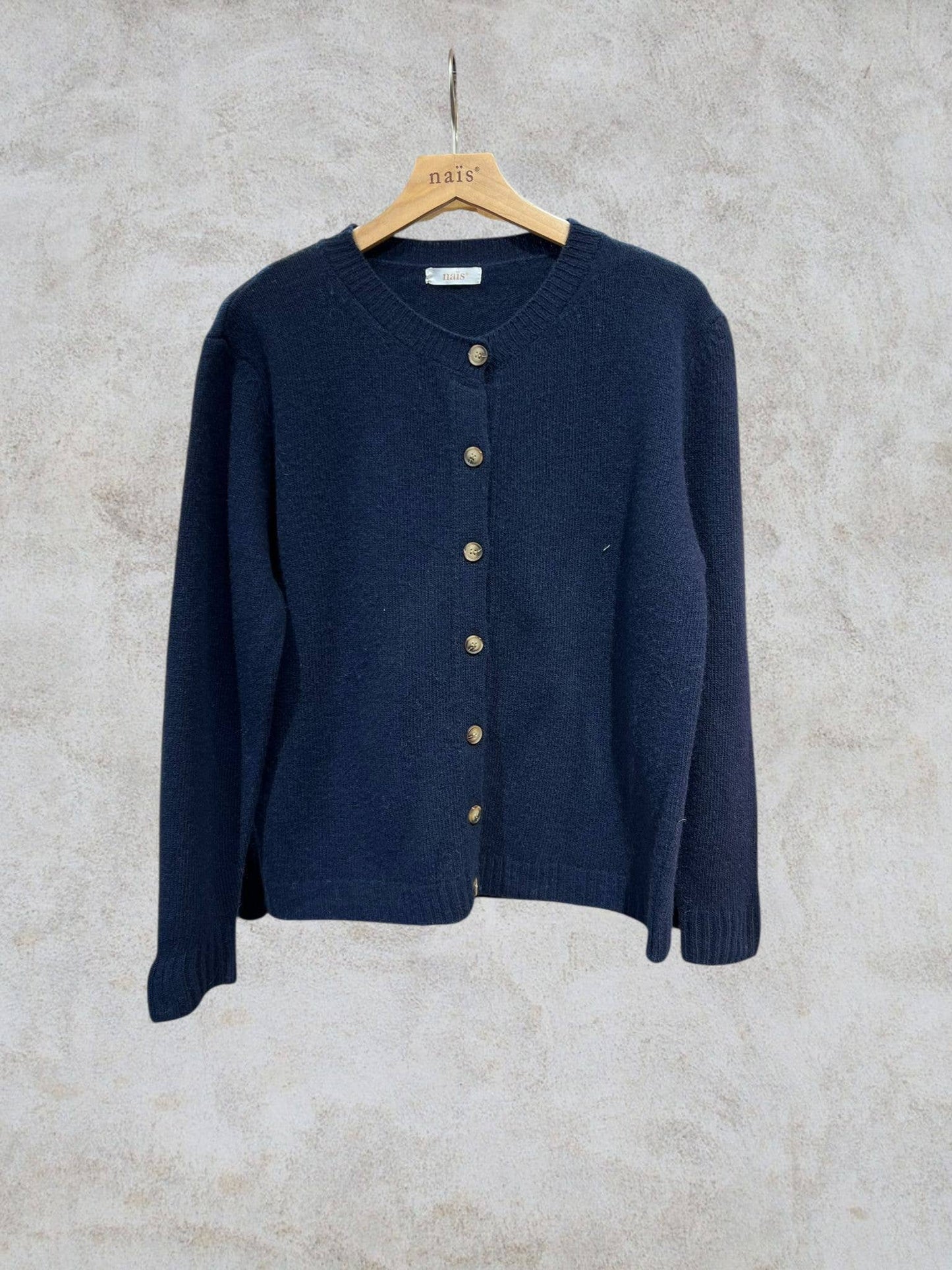 Cardigan girocollo con bottoni 100% lana merino extrafine: Bleu marine / Taglia unica