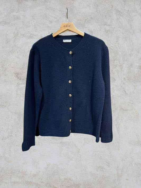 Cardigan girocollo con bottoni 100% lana merino extrafine: Bleu marine / Taglia unica
