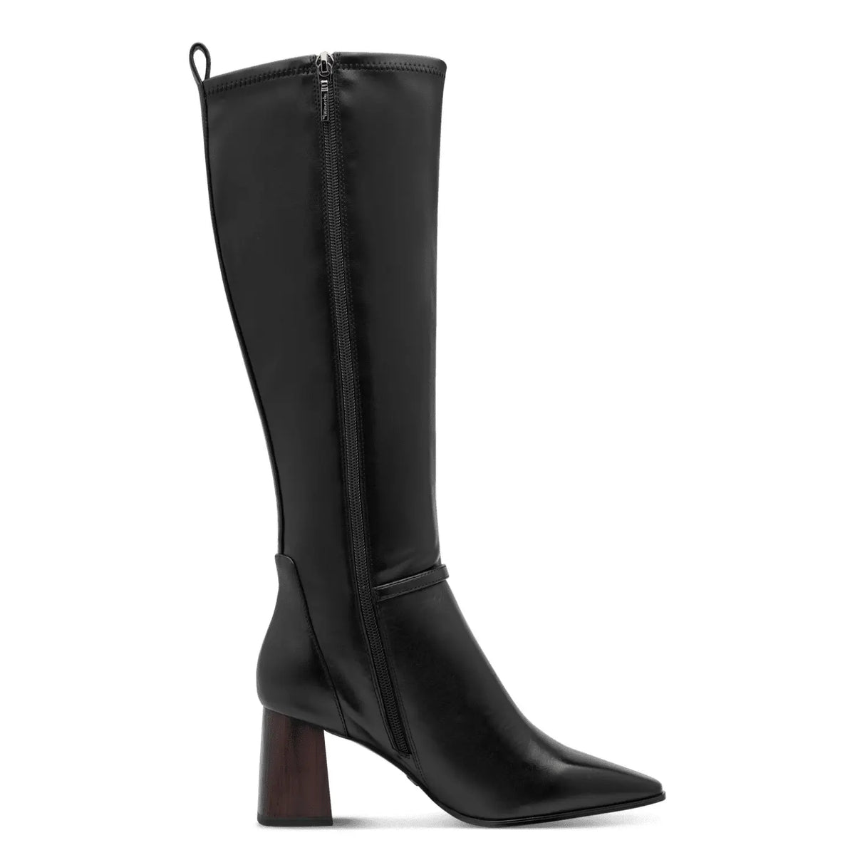 Stivale alto da donna Tamaris sotto il ginocchio in pelle nera con punta affusolata sfilata tacco largo effetto legno e cinturino decorativo alla caviglia