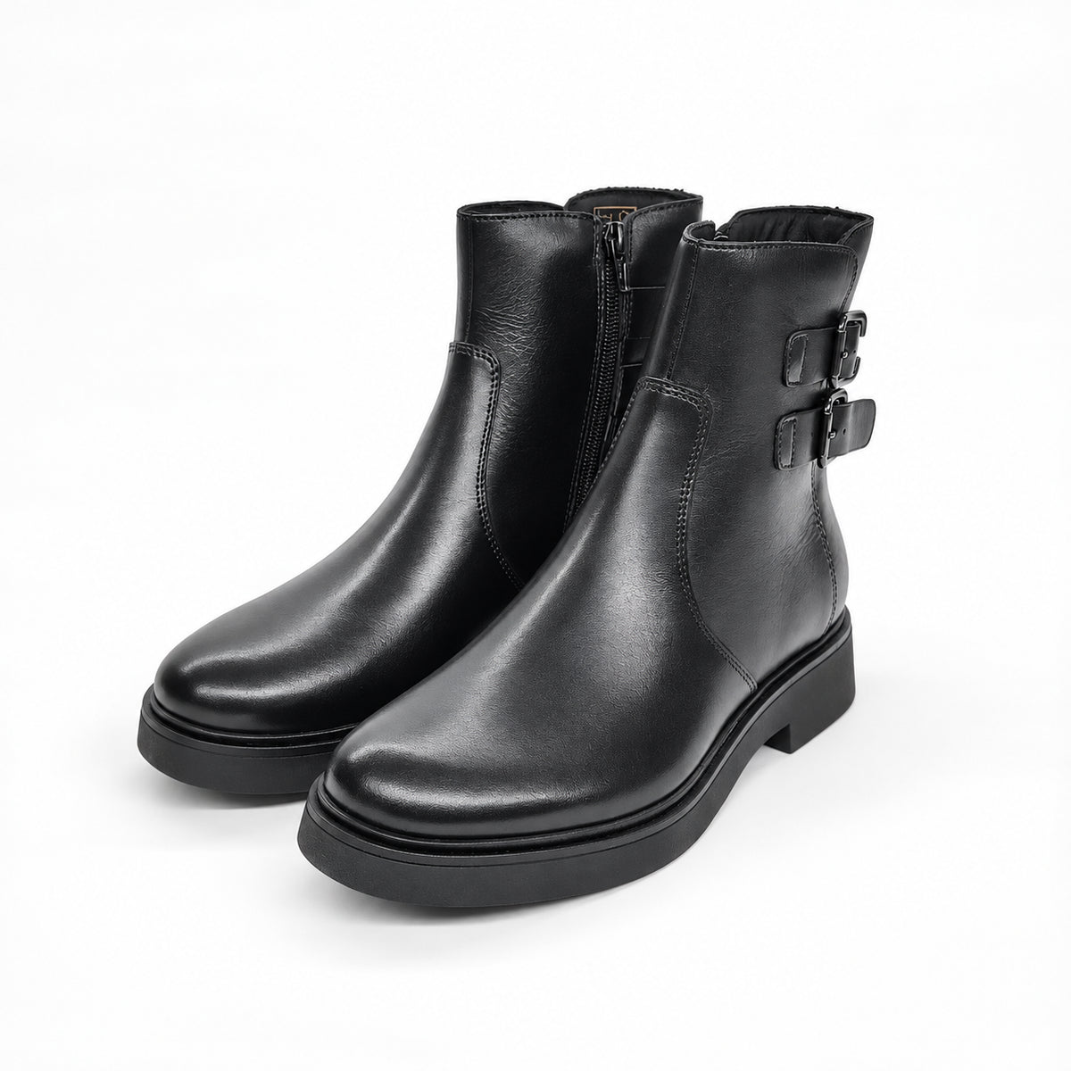 Stivaletti Donna in Pelle Nera con Doppia Fibbia Cinzia Soft – Eleganti e Comodi, cerniera interna e tacco basso