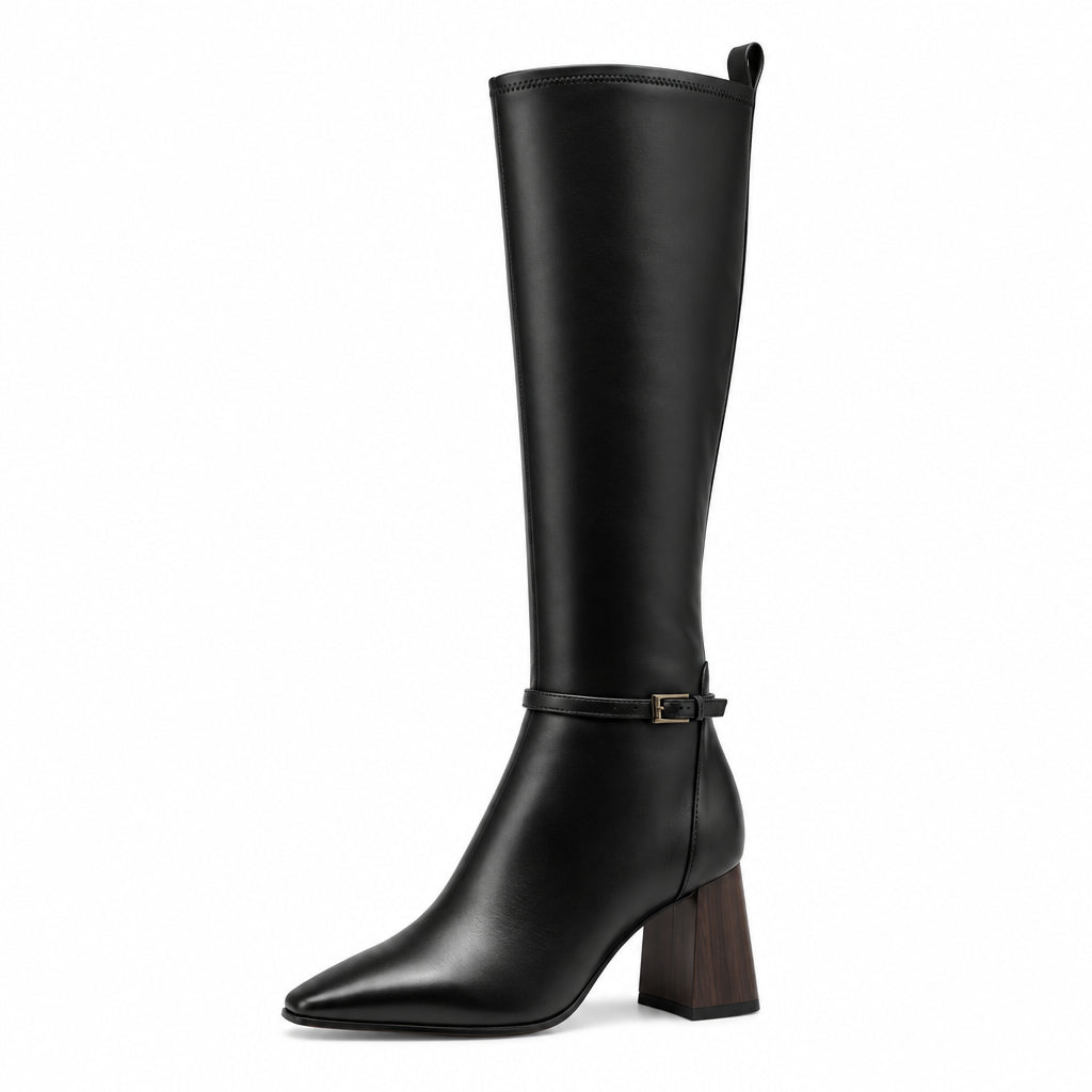 Stivale alto da donna Tamaris sotto il ginocchio in pelle nera con punta affusolata sfilata tacco largo effetto legno e cinturino decorativo alla caviglia